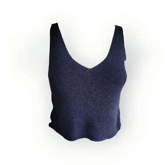 INTERMIX Navy Linen Cotton Knit Tank Crisscross Side Cutout Luxury Top Small - Picture 7 of 10